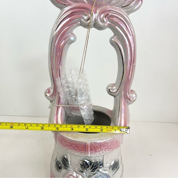 Vintage Mid Century Lusterware Pink Floral Wishing Well Planter & Water Bucket - Picture 4 of 16